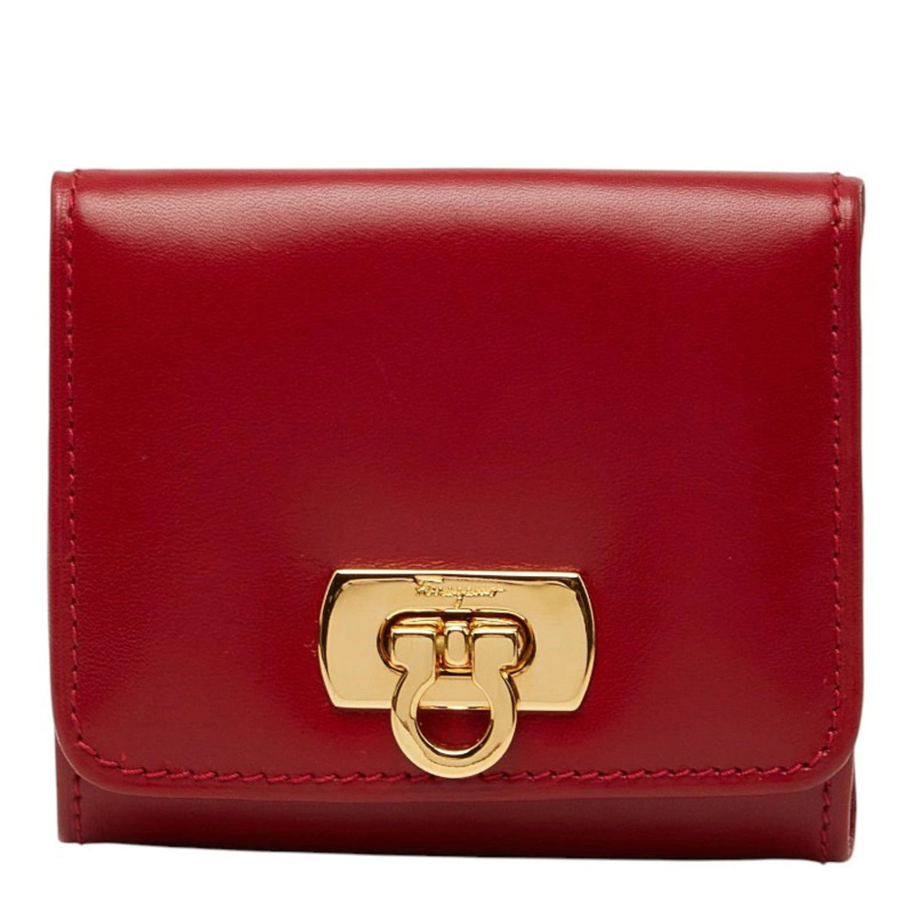 Salvatore Ferragamo Gancini coin case Wallet Red Gold Leather Plated
